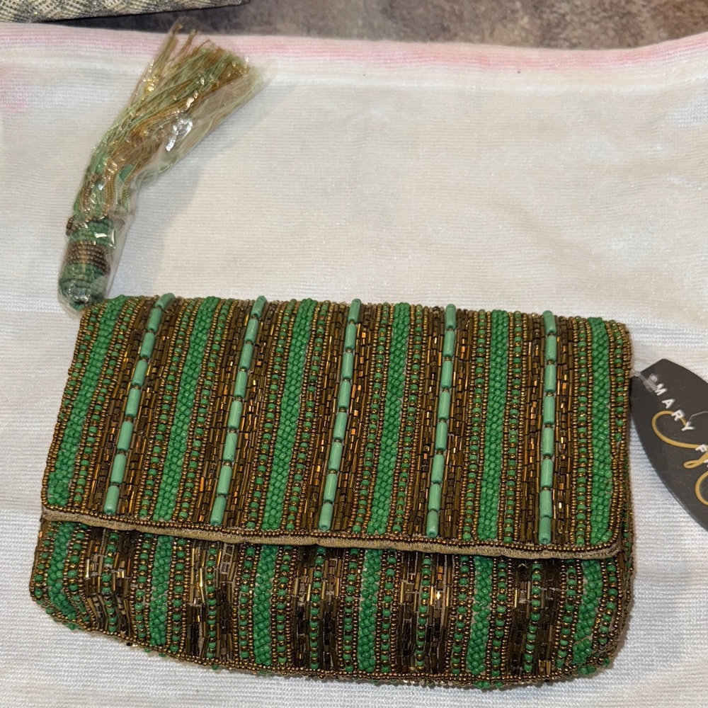Mary Frances Green and Brown Beaded Wristlet